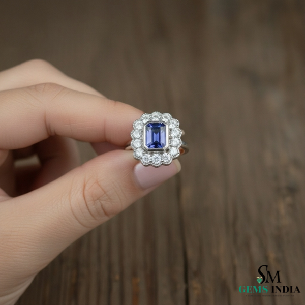 Natural Emerald Cut Tanzanite Ring with Diamonds – Vintage Elegance