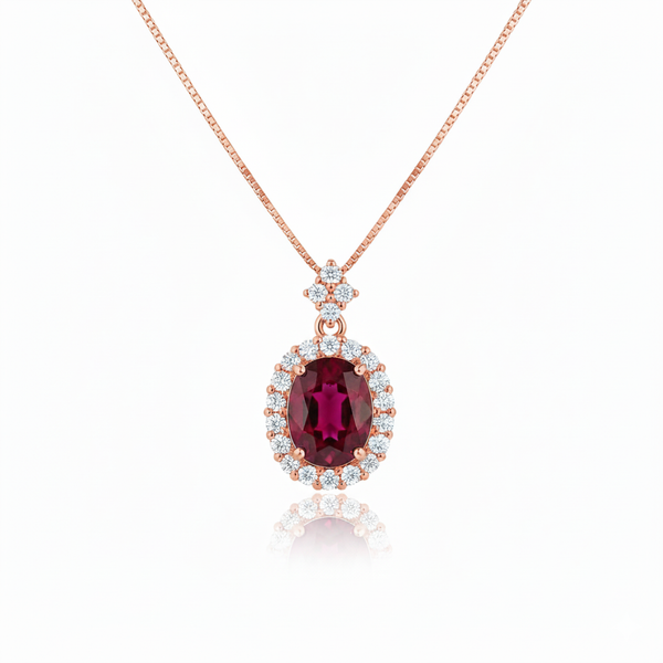 Oval Cut Ruby & Diamond Halo Pendant in 14K Gold