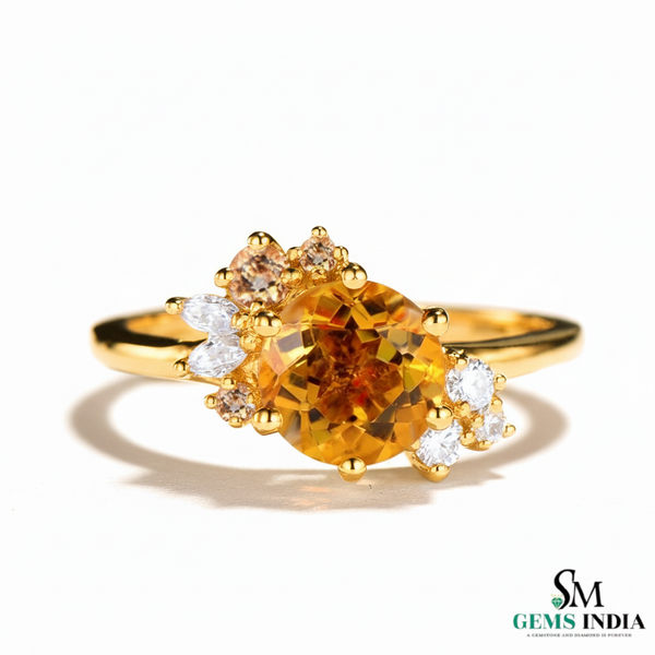 Round Orange Citrine Floral Ring with Diamond Accents in 14k and 18k Gold