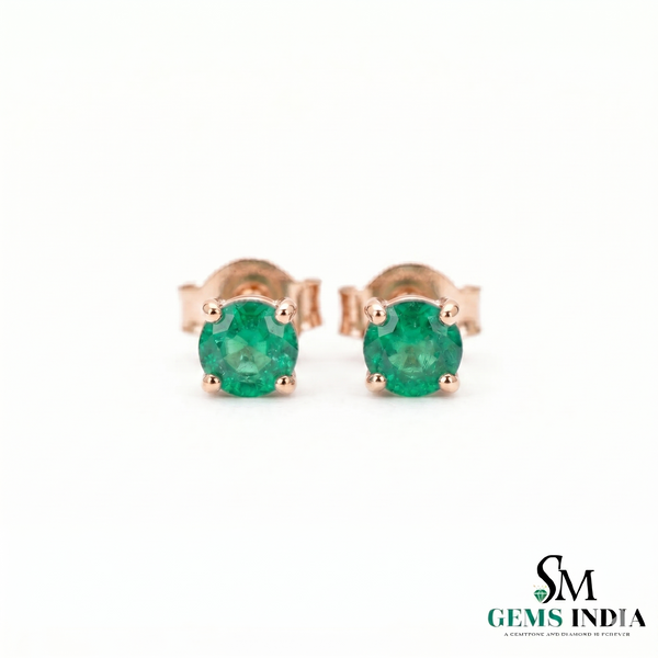 Round Cut Emerald Stud Earrings in 14K Gold Minimal - Fine Jewelry Gift for Women