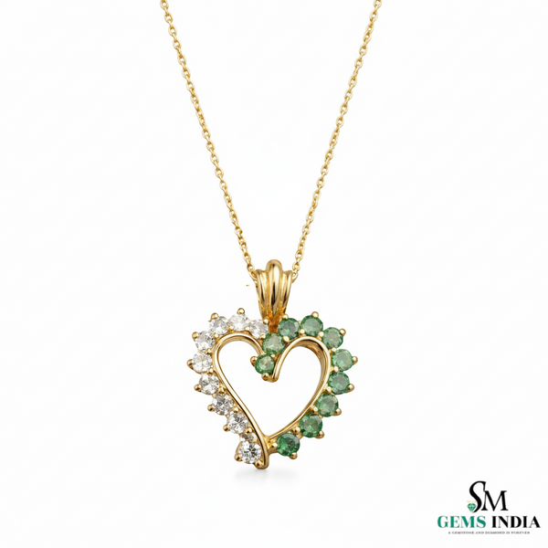 Green Emerald and White Diamond Open Heart Gold Pendant &\- Two Tone Pendant