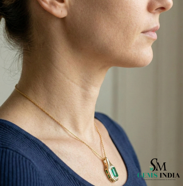 Vintage Style Emerald Cut Green Emerald Diamond Pendant