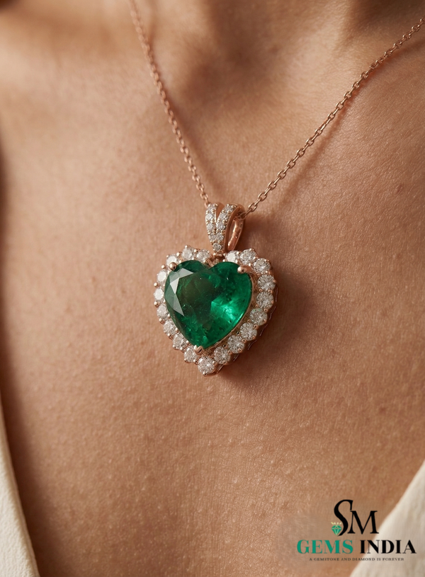 Heart Shape Emerald & Diamond Halo Pendant in Gold - Green Emerald Heart for Women