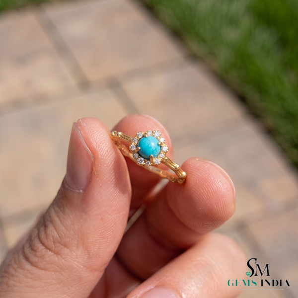 Round Turquoise Ring With Diamond Halo –Elegant Fine Jewelry