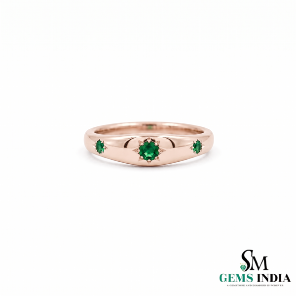 Emerald Starburst Silver Band Ring - Minimal Green Gemstone Stacking Ring