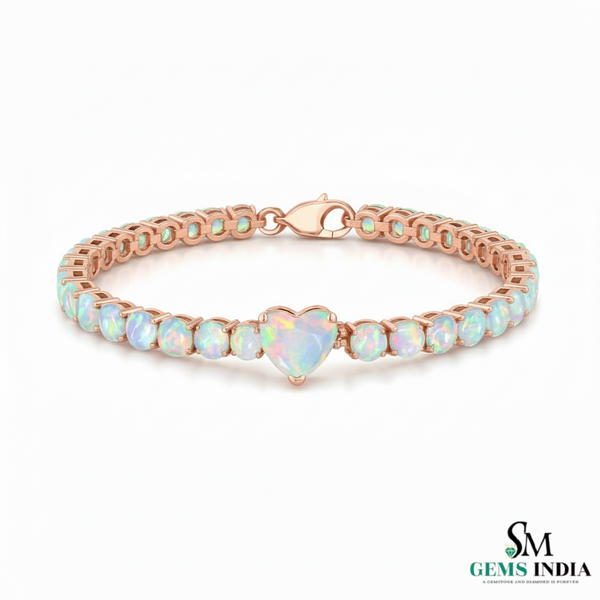 Heart and Round Opal Tennis Bracelet in Rose Gold – Dainty Luxury Love Bracelet