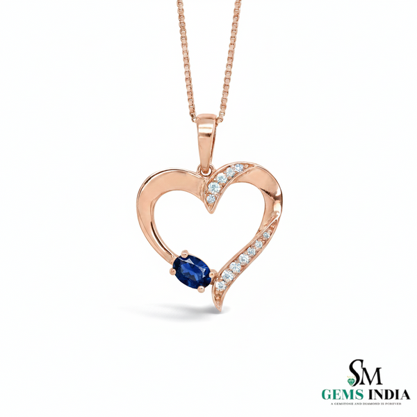 Oval shape Blue Sapphire & Diamond Heart Pendant - Fine Gold Jewelry
