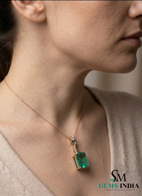 Elegant Emerald Birthstone Pendant for Women-Baguettes Green Emerald & Diamond Pendant