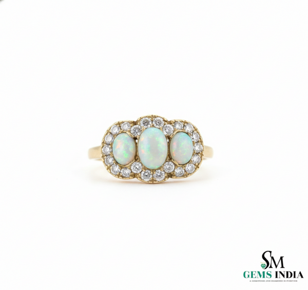 Oval and round Opal Diamond Halo Ring Vintage Style Gemstone Ring