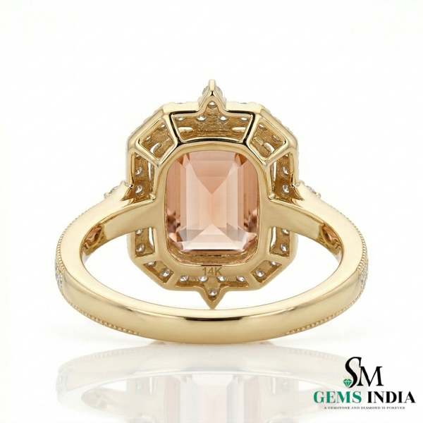 Emerald Cut Peach Morganite Ring with Diamond Halo Engagement Ring