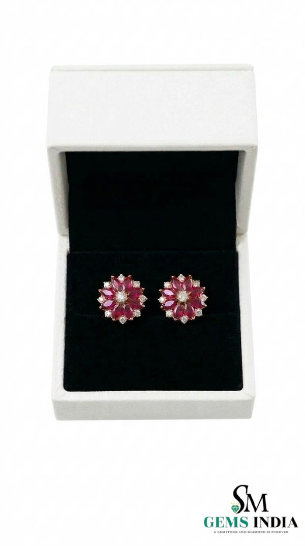 Marquise Ruby Flower Stud Earrings with Diamonds - July Birthstone Jewelry