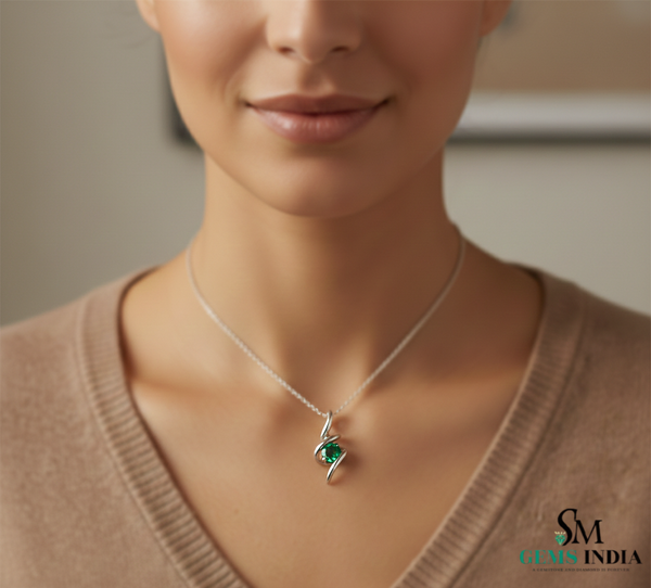 Natural Emerald Round Stone Curved Twist Pendant - Green Gemstone Jewelry