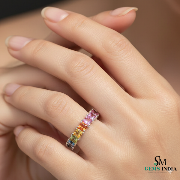 Doppelter Smaragd-Ring in offenem Design aus 14 Karat Gold – Band mit quadratisch und rund geschliffenen grünen Edelsteinen