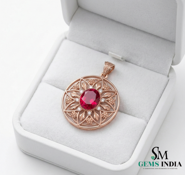 Oval Red Ruby Statement Pendant Intricate Floral Gold Jewelry