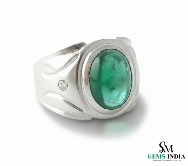 Men's Emerald Cabochon Ring: 14k Solid Gold Statement Ring
