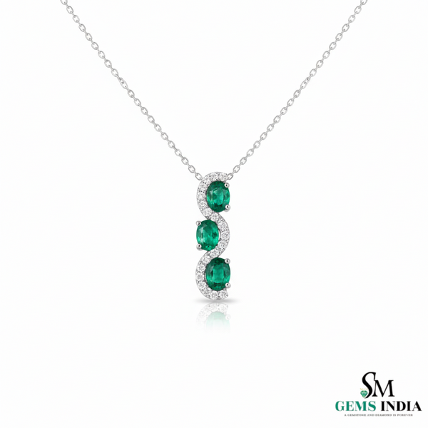 Three-Stone Oval Natural Emerald Halo Diamond Swirl Pendant in 18k Gold emerald gift for her