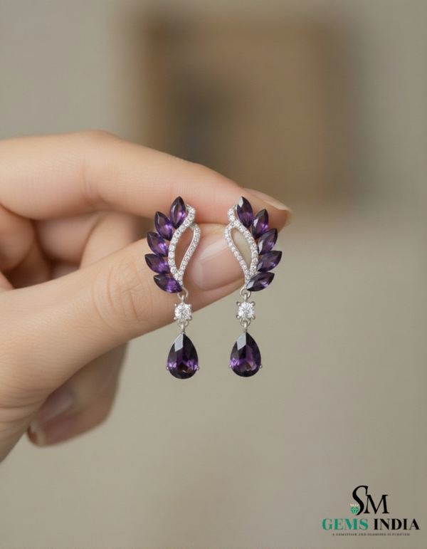 Marquise Cut and Pear Amethyst & Diamond Leaf Drop Earrings in 14K; Gold