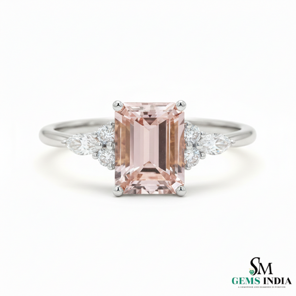 Emerald Cut Morganite & Diamond Engagement Ring in 14k and 18k Gold