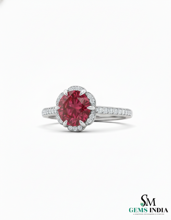 Round cut Natural Ruby Engagement Ring with Diamond Halo in 14k and 18k Gold