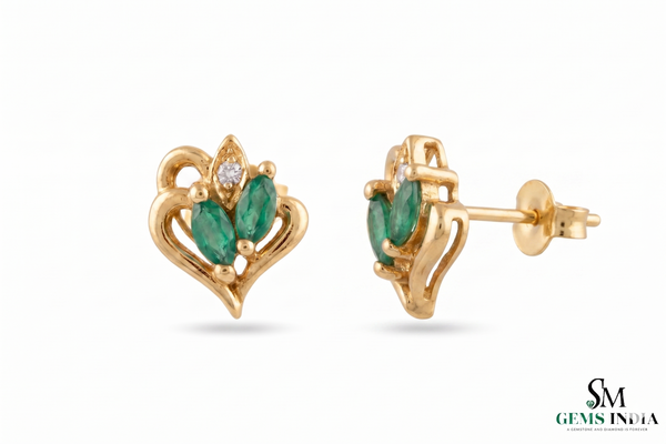 Marquise Emerald Heart Shaped Gold Stud Earrings