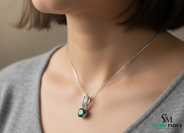 Round Faceted Emerald Solitaire Pendant with Diamond Loop - Green Gemstone Jewelry