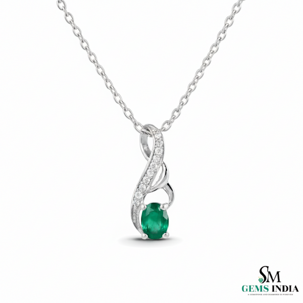 Natural Green Emerald Oval Pendant with Diamond Curve Design