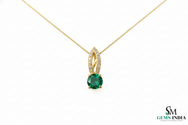 Round Faceted Emerald Solitaire Pendant with Diamond Loop - Green Gemstone Jewelry