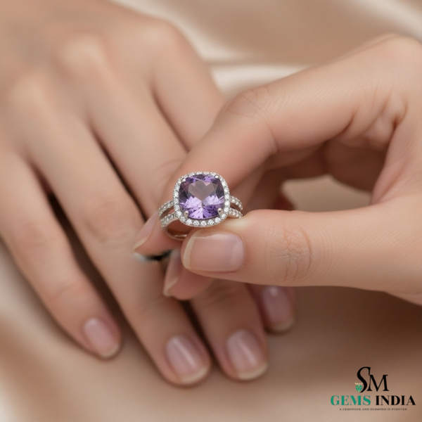 Cushion Cut Natural Amethyst & Diamond Halo Engagement Ring