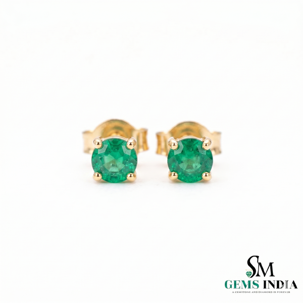 Round Cut Emerald Stud Earrings in 14K Gold Minimal - Fine Jewelry Gift for Women