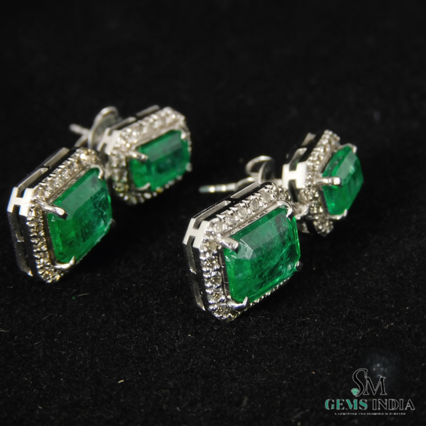 Emerald cut Natural Emerald & Double Drop Halo Earrings in 14K Gold Classic Vintage Dangle Design