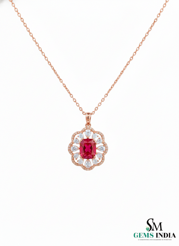 Cushion Cut Ruby & Diamond Floral Halo Pendant in 14k and 18k Gold