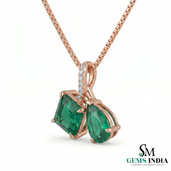 Square Cut & Pear Shape Emerald Pendant Necklace in 14K Gold - Elegant Fine Jewelry