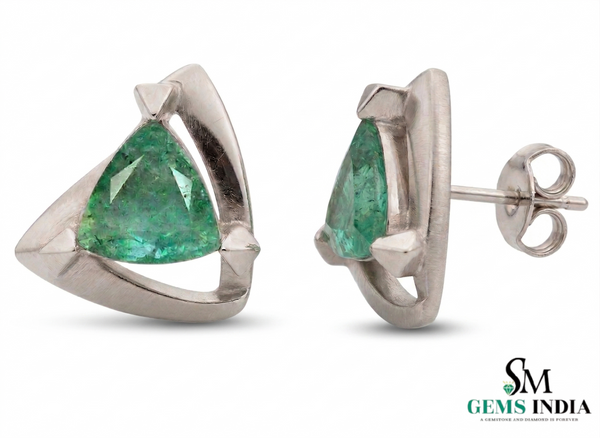Trillion Cut Triangle shape Natural Emerald Stud Earrings in 14k gold Bold Geometric Earrings