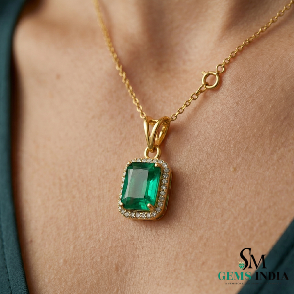 Emerald Cut Green Emerald Halo Pendant with Diamond Accents