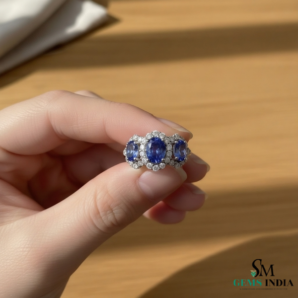 Oval Tanzanite & Diamond Halo Ring in 18k Gold – Luxury Three Stone Design