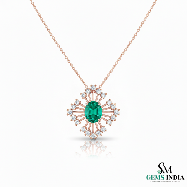 Radiant Oval Natural Emerald & Diamond Sunburst Pendant Diamond Burst Design