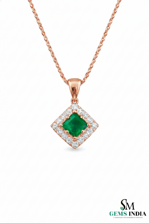 Natural Green Princess Emerald Drop Pendant with Diamond Accents