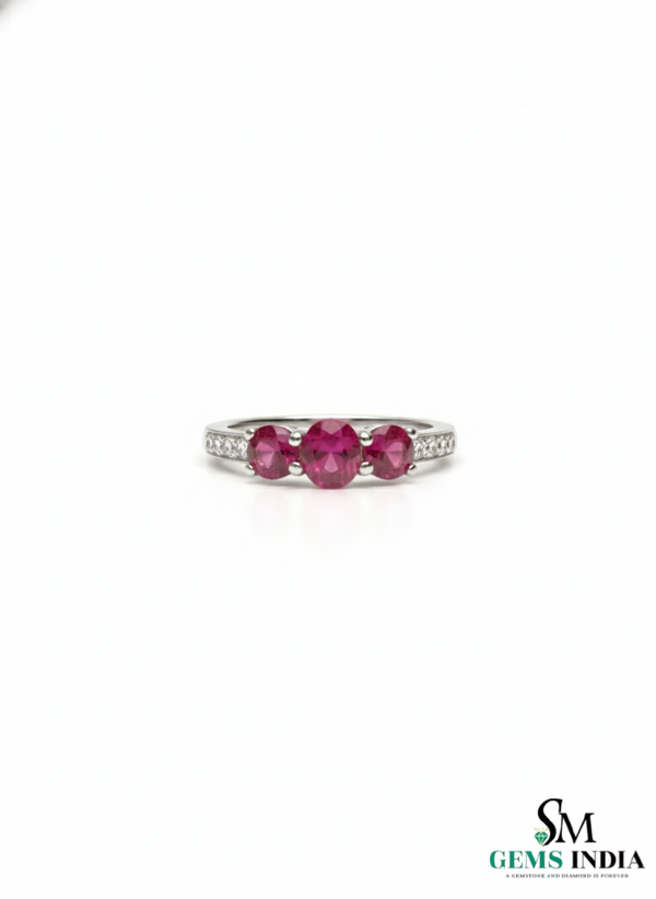 Minimalist Round Natural Ruby Three-Stone Diamond Ring Fine Jewelry Gift