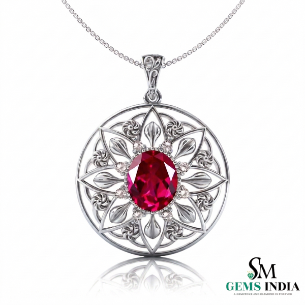 Oval Red Ruby Statement Pendant Intricate Floral Gold Jewelry