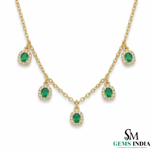 Elegant Oval Emerald Station Necklace with Diamond Halo - Gift for her
