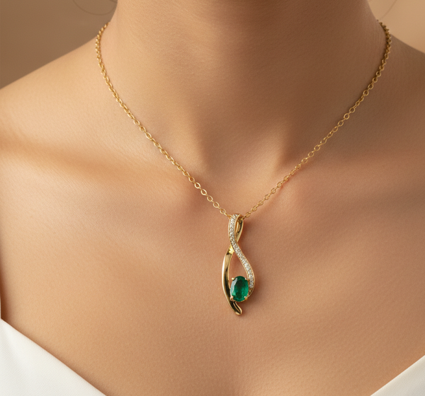 Oval Shape Natural Green Emerald & Diamond Twist Pendant - Green Gemstone Jewelry