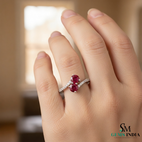 Double Round Ruby Diamond Bypass Ring in 14K Gold -Elegant Gemstone Jewelry