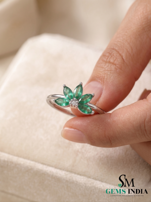 Natural Marquise Cut Emerald Cluster Ring in Solid 14K Gold – Elegant Floral Fine Jewelry Ring