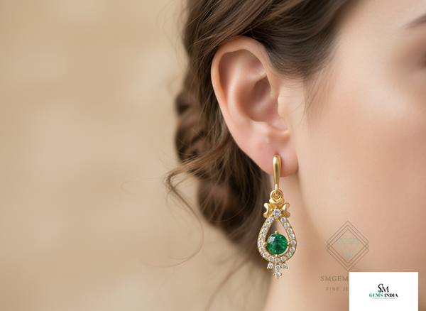 2 carat Round Natural Emerald Drop Earrings for Women Antique Gold Diamond Halo