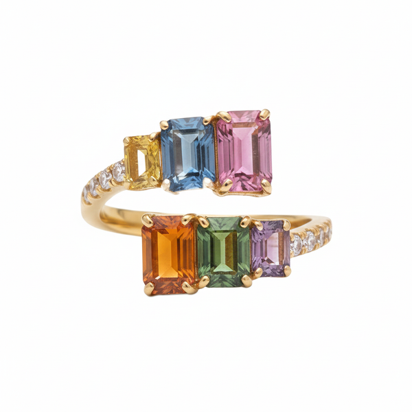 Doppelter Smaragd-Ring in offenem Design aus 14 Karat Gold – Band mit quadratisch und rund geschliffenen grünen Edelsteinen