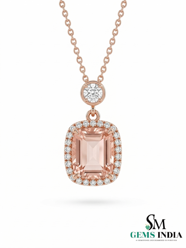 Luxury Emerald Cut Morganite & Diamond Halo Pendant Necklace