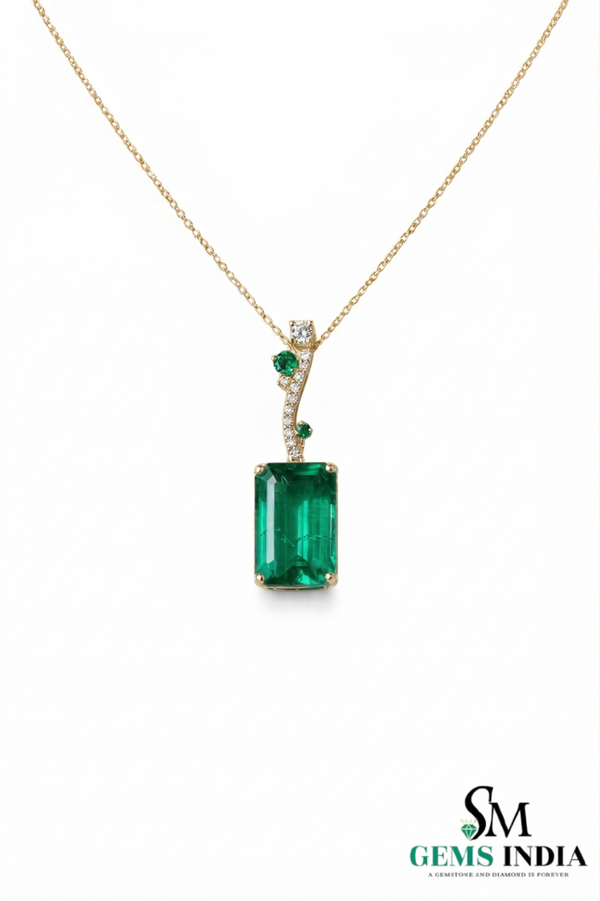 Elegant Emerald Birthstone Pendant for Women-Baguettes Green Emerald & Diamond Pendant
