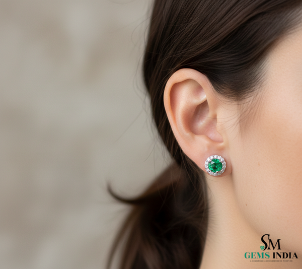 Natural Emerald and Diamond Halo Stud Earrings – Fine Gold Jewelry