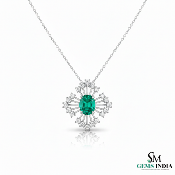 Radiant Oval Natural Emerald & Diamond Sunburst Pendant Diamond Burst Design