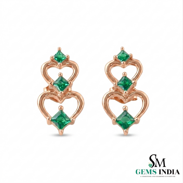 Princess Cut Emerald Heart Earrings in Gold – Romantic Jewelry